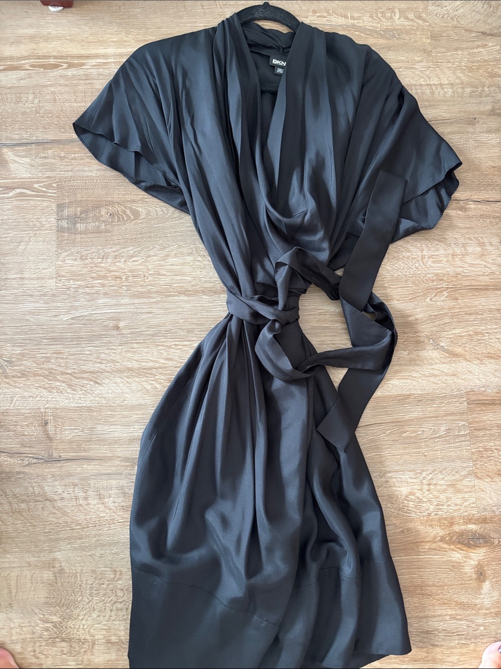 DKNY Black Satin Tie-Waist Draped Dress